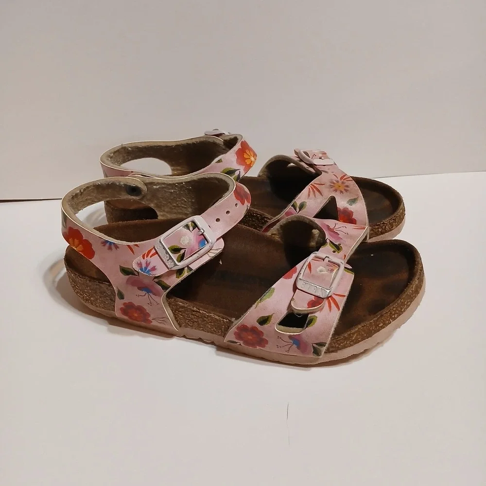 Birkenstock Girls Rio Birko-Flor Pink Floral Sandals Size 11.5 EU 29